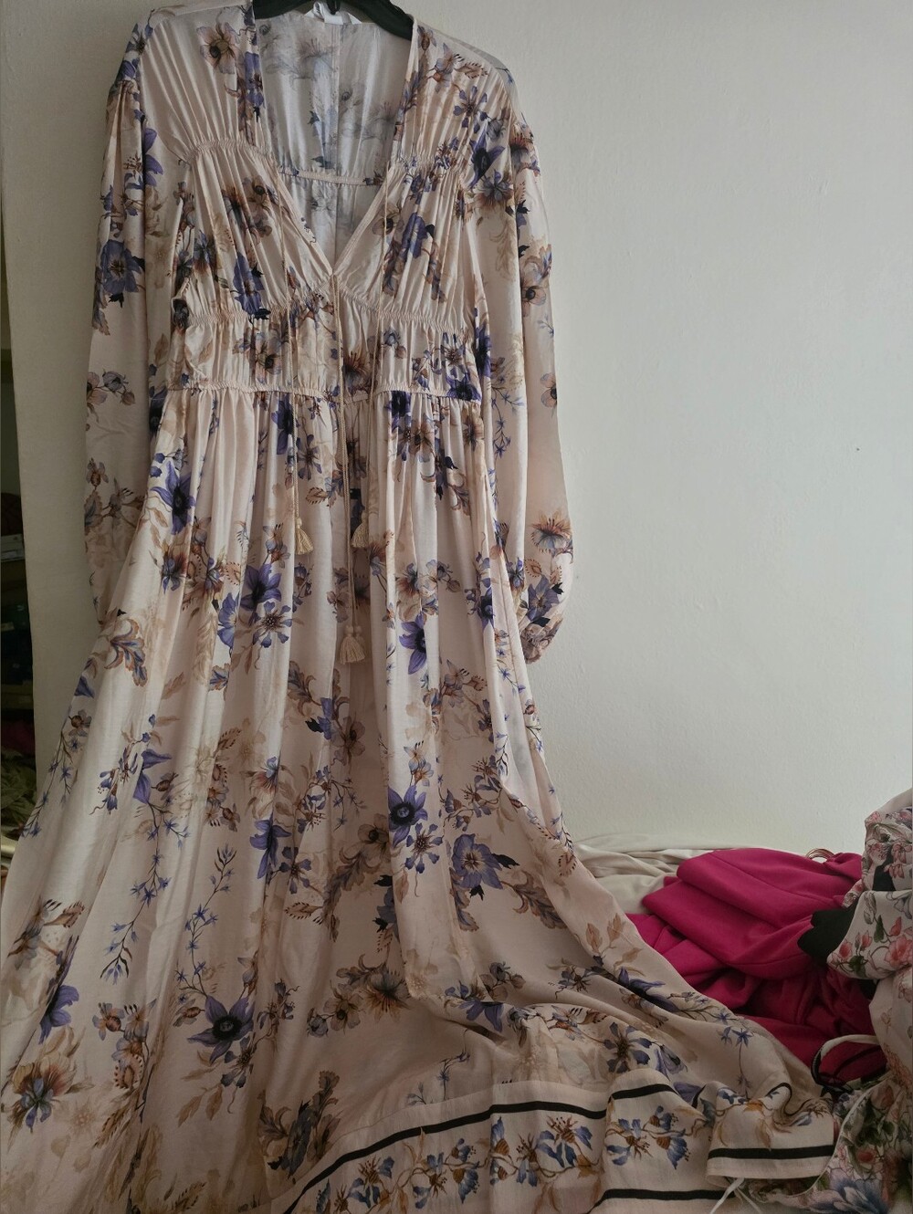 H&M Floral Printed Tie-detail Maxi Dress Beige/floral Lilac Blue Bnwt - Picture 2 of 13